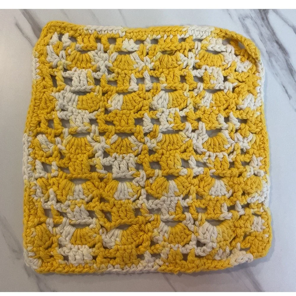 Handmade Crochet Dishcloth Yellow White Variegated Cotton Square 8.5 Inch